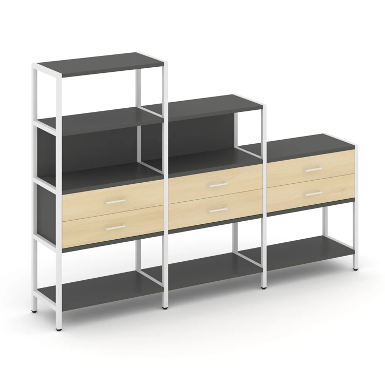 Трехсекционный стеллаж четырех/трех/двухярусный с ящиками Shelf System (металл белый) SN.STM-431