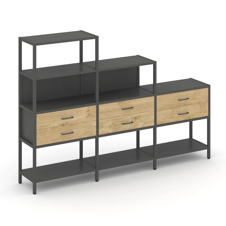 Трехсекционный стеллаж четырех/трех/двухярусный с ящиками SHELF SYSTEM (металл антрацит) SN.STM-431