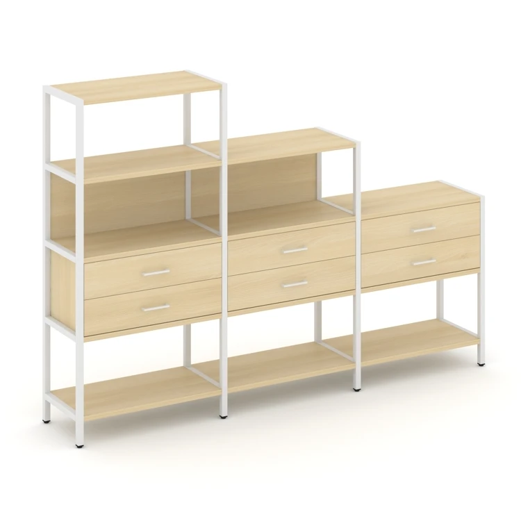 Трехсекционный стеллаж четырех/трех/двухярусный с ящиками Shelf System (металл белый) SN.STM-431
