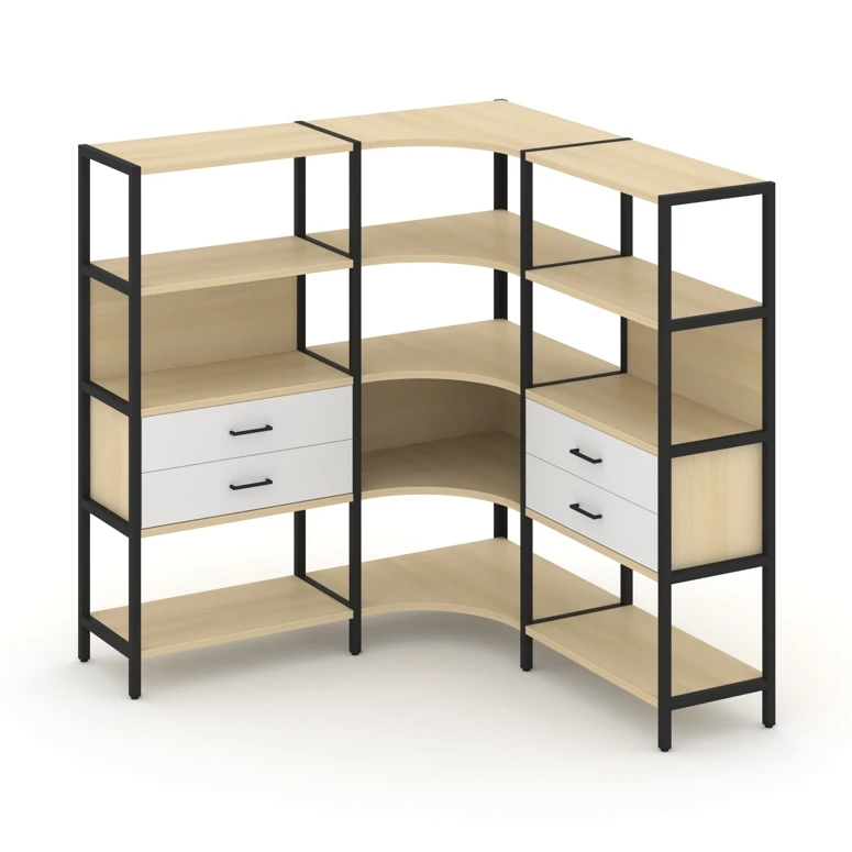 Трехсекционный угловой стеллаж четырехярусный с ящиками SHELF SYSTEM (металл черный) SN.STMU-431