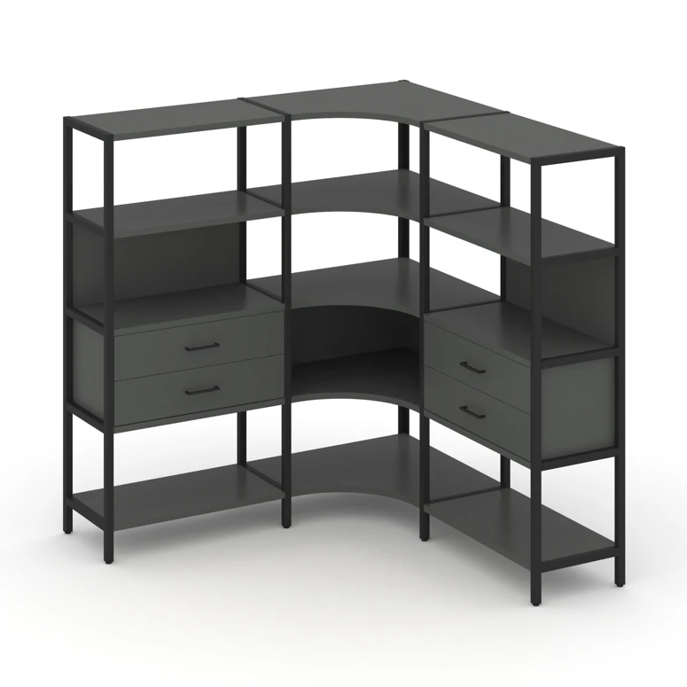 Трехсекционный угловой стеллаж четырехярусный с ящиками SHELF SYSTEM (металл черный) SN.STMU-431