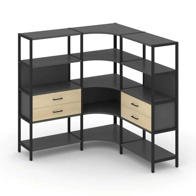 Трехсекционный угловой стеллаж четырехярусный с ящиками SHELF SYSTEM (металл черный) SN.STMU-431
