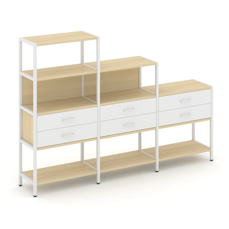 Трехсекционный стеллаж четырех/трех/двухярусный с ящиками Shelf System (металл белый) SN.STM-431