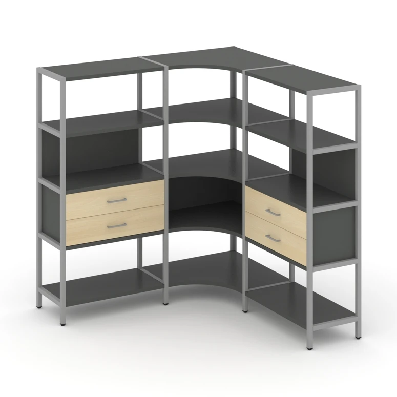 Трехсекционный угловой стеллаж четырехярусный с ящиками Shelf System (металл серый) SN.STMU-431