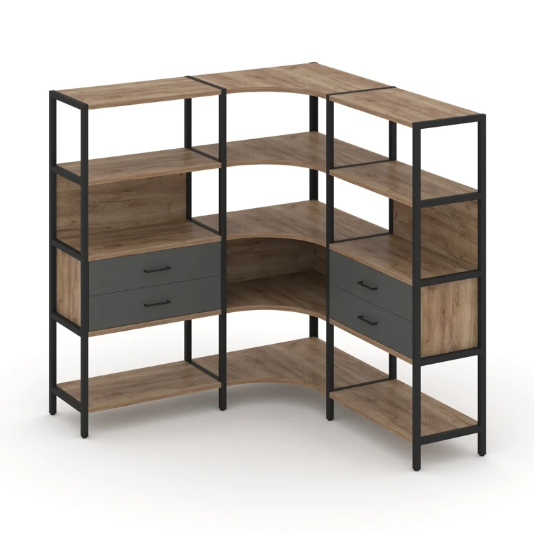Трехсекционный угловой стеллаж четырехярусный с ящиками SHELF SYSTEM (металл черный) SN.STMU-431