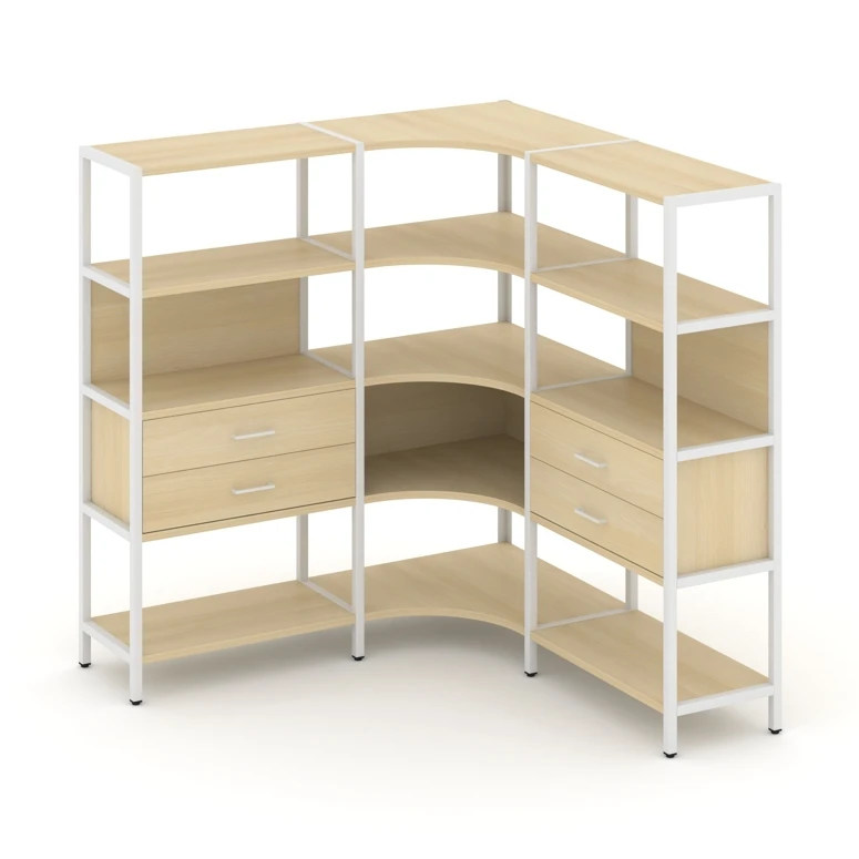 Трехсекционный угловой стеллаж четырехярусный с ящиками Shelf System (металл белый) SN.STMU-431