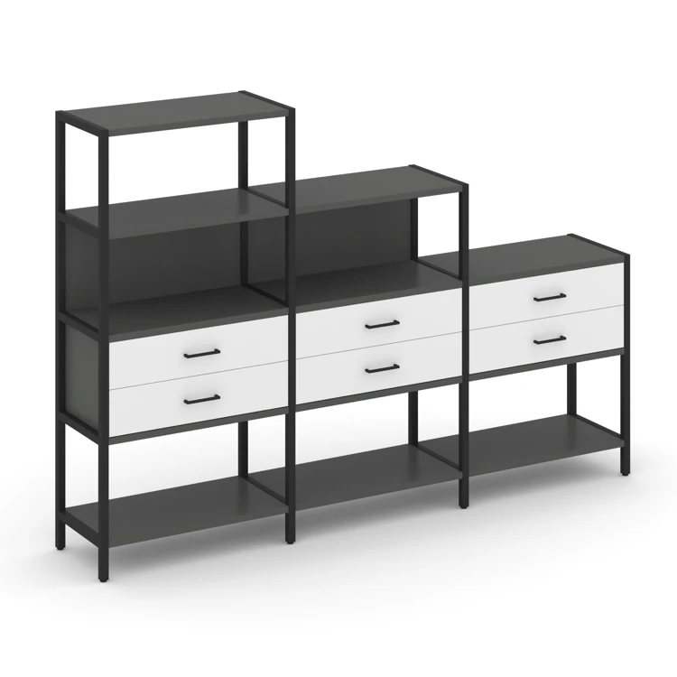 Трехсекционный стеллаж четырех/трех/двухярусный с ящиками SHELF SYSTEM (металл черный) SN.STM-431