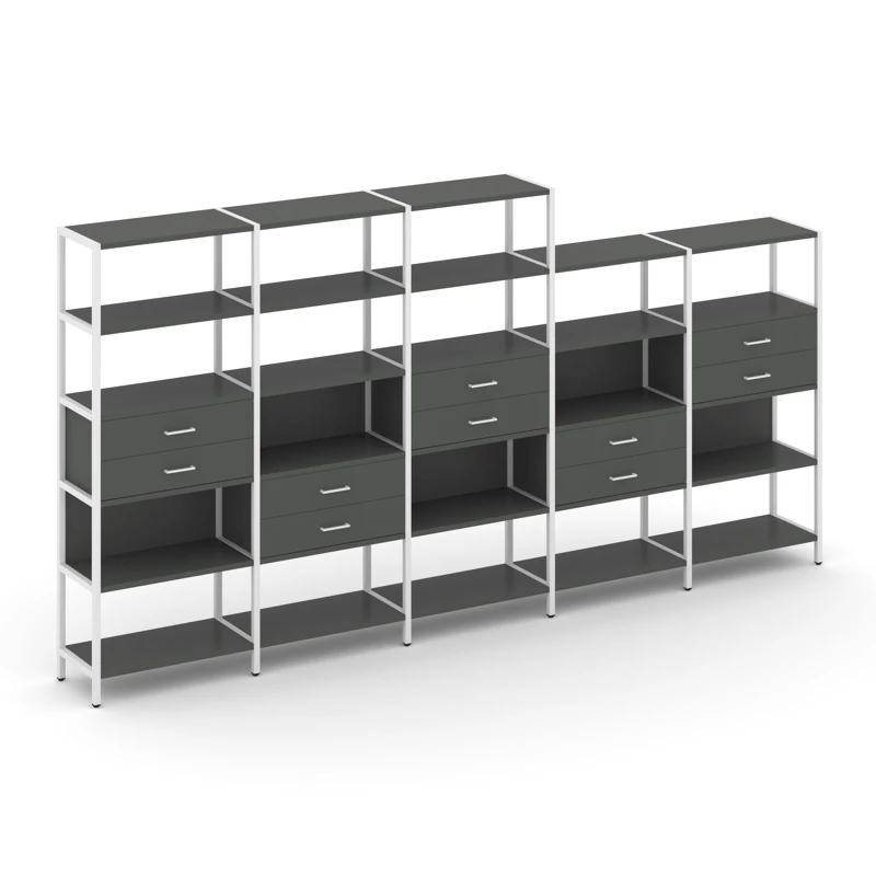Пятисекционный стеллаж пятиярусный с ящиками Shelf System (металл белый) SN.STM-551