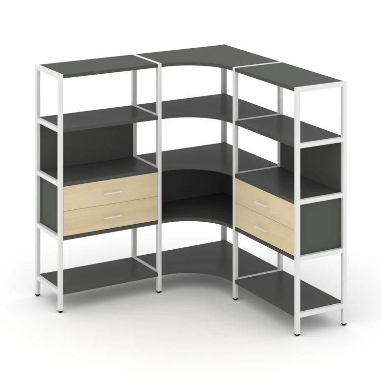 Трехсекционный угловой стеллаж четырехярусный с ящиками Shelf System (металл белый) SN.STMU-431