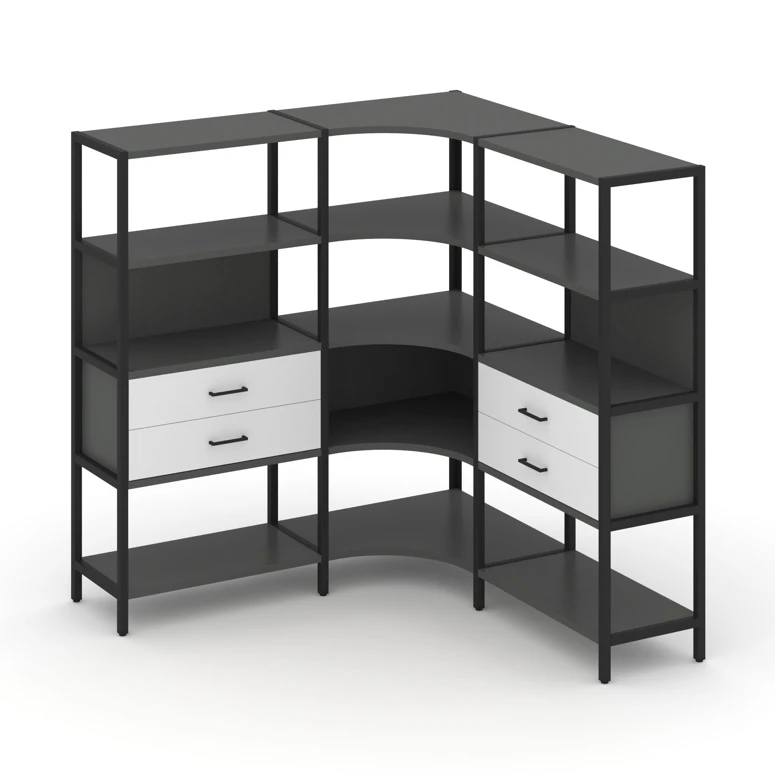 Трехсекционный угловой стеллаж четырехярусный с ящиками SHELF SYSTEM (металл черный) SN.STMU-431