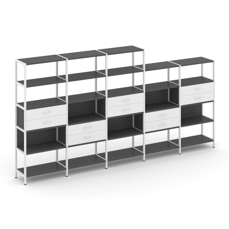 Пятисекционный стеллаж пятиярусный с ящиками Shelf System (металл белый) SN.STM-551
