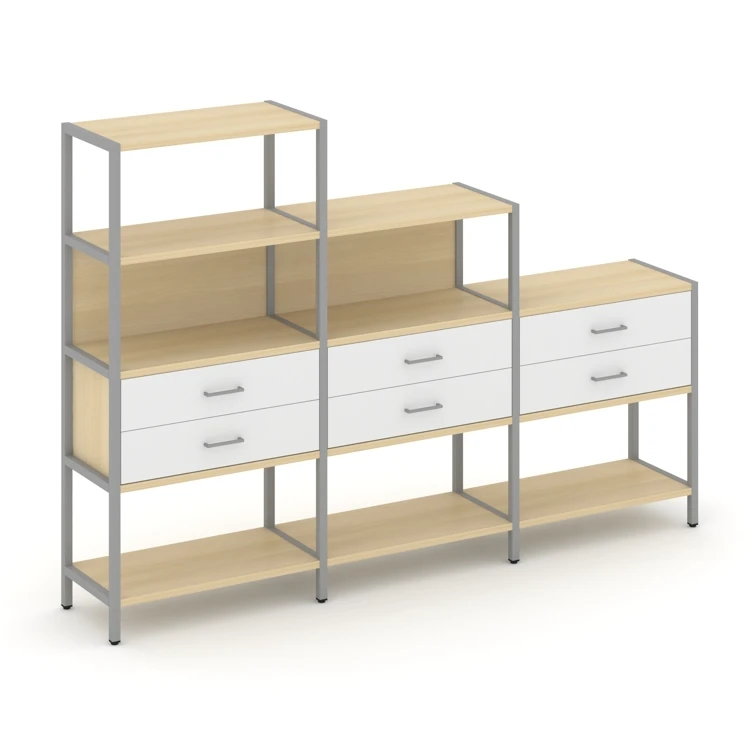 Трехсекционный стеллаж четырех/трех/двухярусный с ящиками Shelf System (металл серый) SN.STM-431