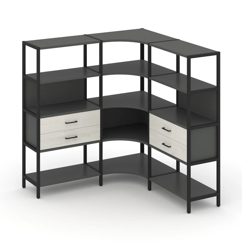 Трехсекционный угловой стеллаж четырехярусный с ящиками SHELF SYSTEM (металл черный) SN.STMU-431