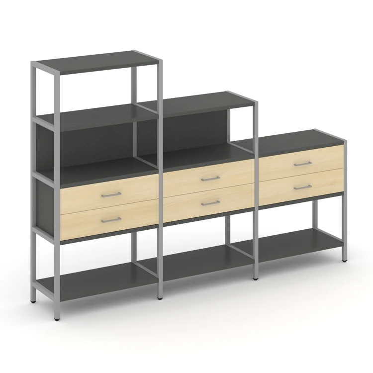 Трехсекционный стеллаж четырех/трех/двухярусный с ящиками Shelf System (металл серый) SN.STM-431