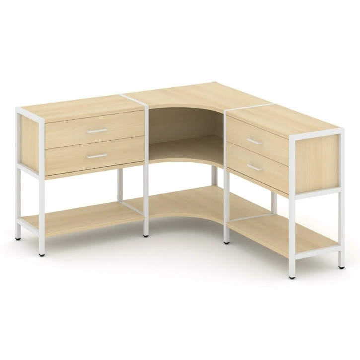 Трехсекционный угловой стеллаж двухярусный с ящиками Shelf System (металл белый) SN.STMU-231