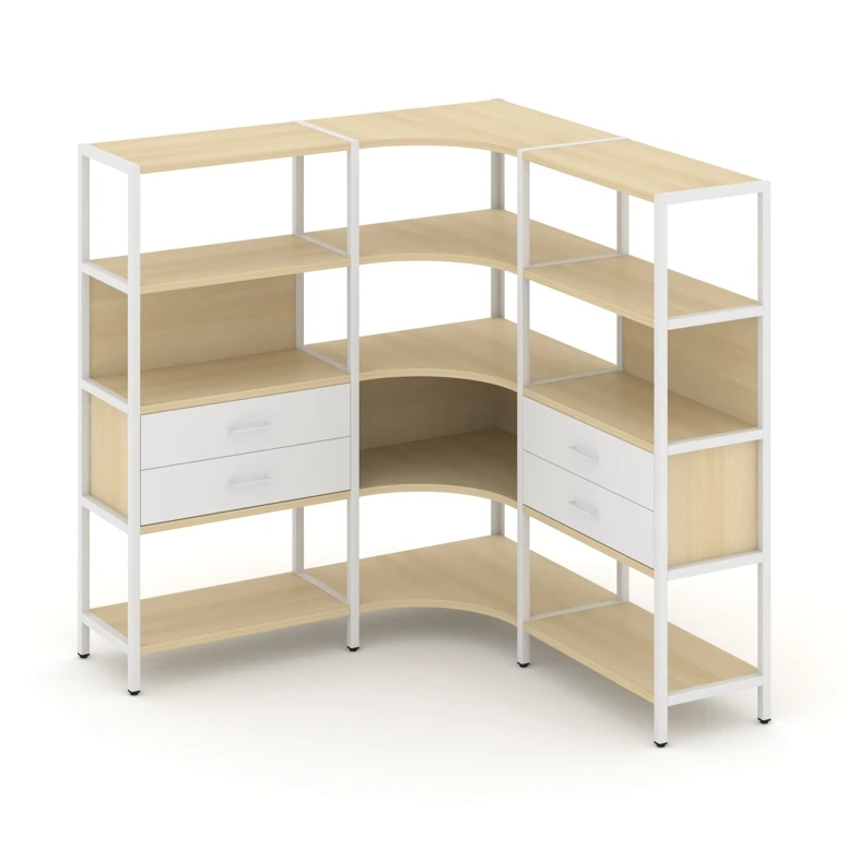 Трехсекционный угловой стеллаж четырехярусный с ящиками Shelf System (металл белый) SN.STMU-431