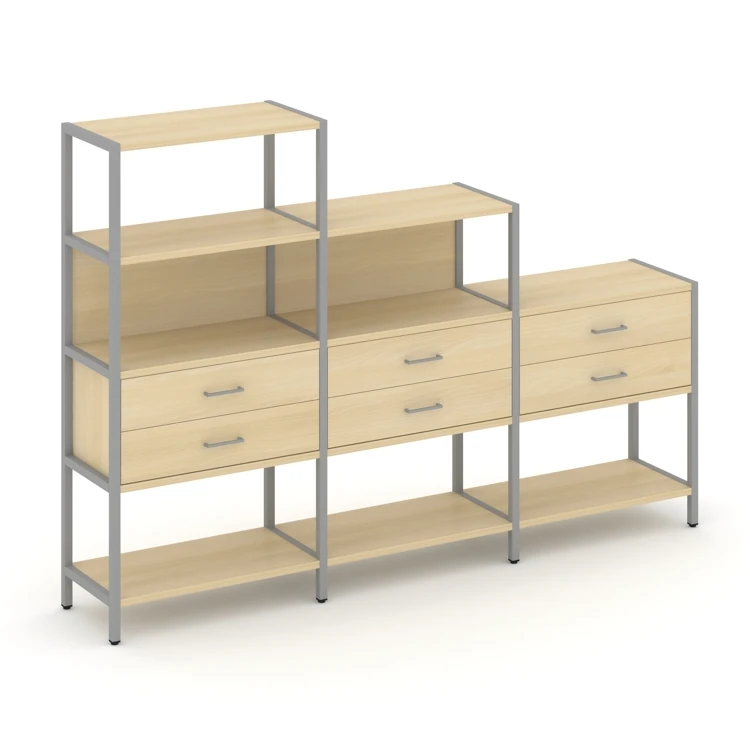 Трехсекционный стеллаж четырех/трех/двухярусный с ящиками Shelf System (металл серый) SN.STM-431